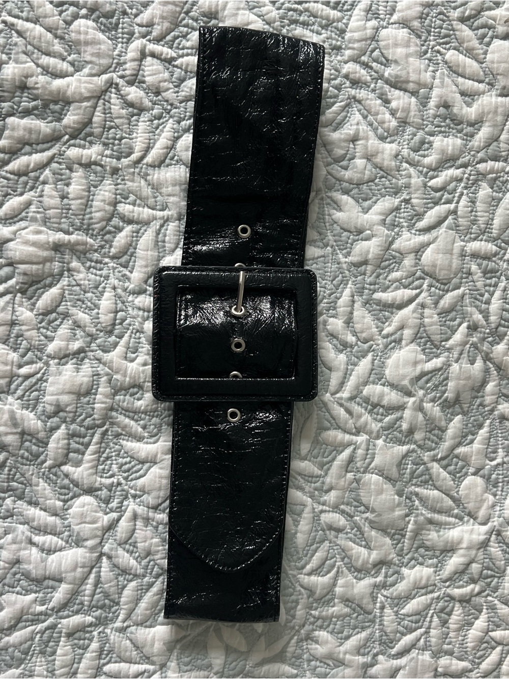 Barneys New York Black Patent Leather Belt with Embossed Logo